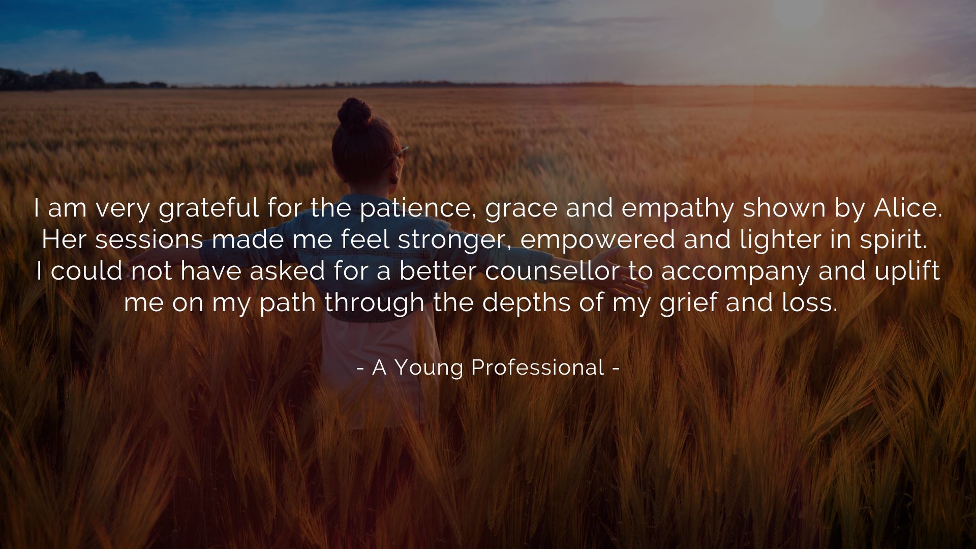 A young professional thanks Alice for helping her face her trauma